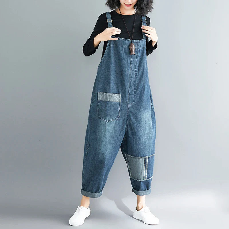 Casual Literary Women's Plus Size Denim Overalls in a dark wash, featuring a high-waist design and subtle distressing