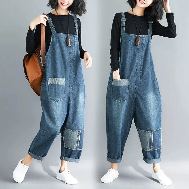 Casual Literary Women's Plus Size Denim Overalls in a dark wash, featuring a high-waist design and subtle distressing