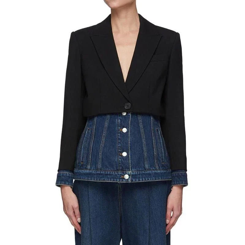A stylish autumn patchwork denim blazer for women, featuring a contemporary design and flattering fit.