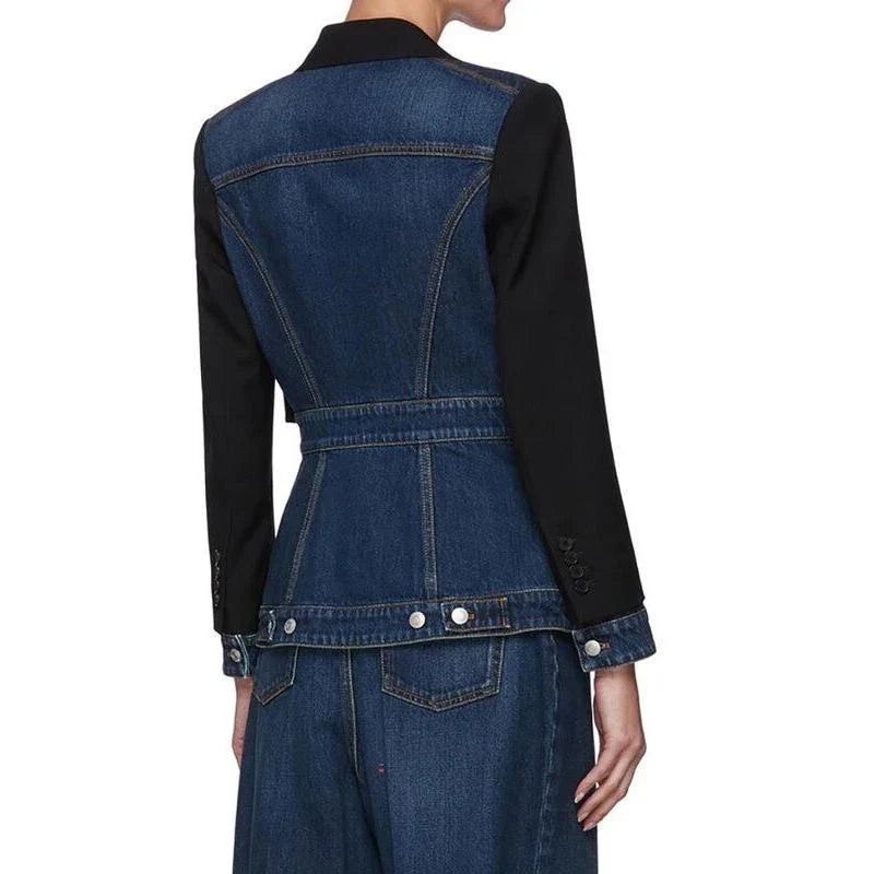 A stylish autumn patchwork denim blazer for women, featuring a contemporary design and flattering fit.