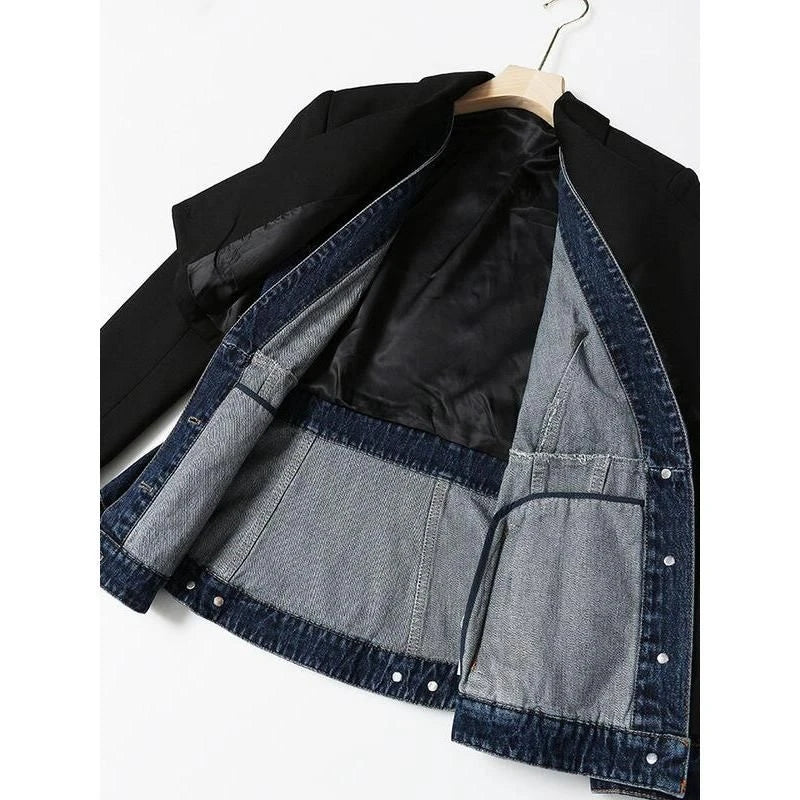 A stylish autumn patchwork denim blazer for women, featuring a contemporary design and flattering fit.