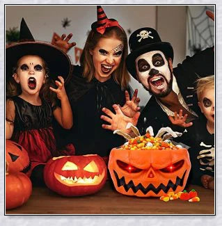 Pumpkin-shaped candy bowl with a creepy moving skeleton hand that jumps out to startle guests, ideal for Halloween decorations and parties.