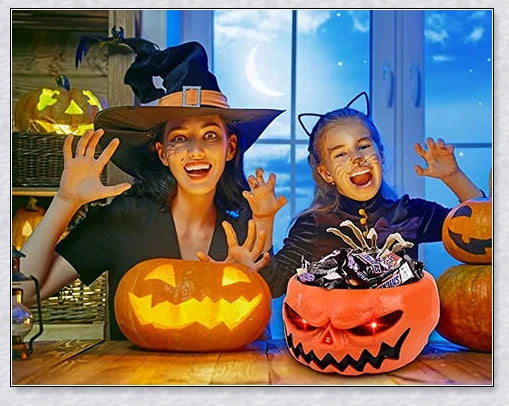Pumpkin-shaped candy bowl with a creepy moving skeleton hand that jumps out to startle guests, ideal for Halloween decorations and parties.