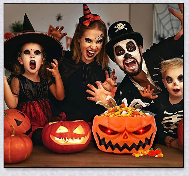 Pumpkin-shaped candy bowl with a creepy moving skeleton hand that jumps out to startle guests, ideal for Halloween decorations and parties.