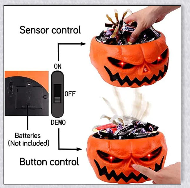 Pumpkin-shaped candy bowl with a creepy moving skeleton hand that jumps out to startle guests, ideal for Halloween decorations and parties.