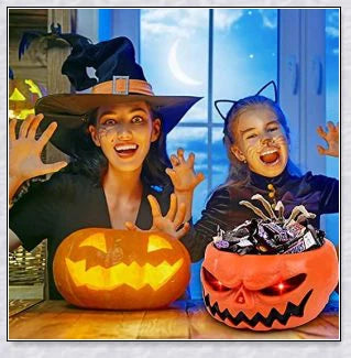 Pumpkin-shaped candy bowl with a creepy moving skeleton hand that jumps out to startle guests, ideal for Halloween decorations and parties.