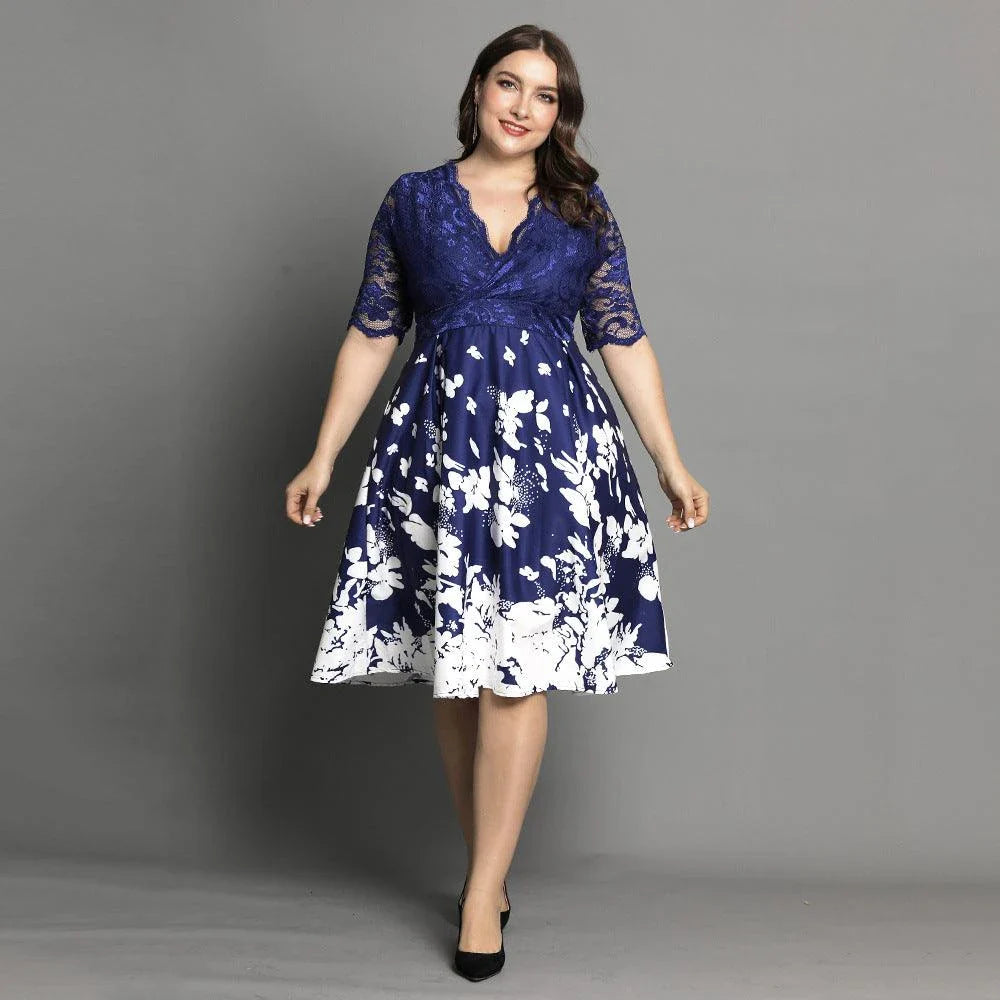 Large size digital printing lace stitching dress in blue with swing skirt design and four-way stretch fabric