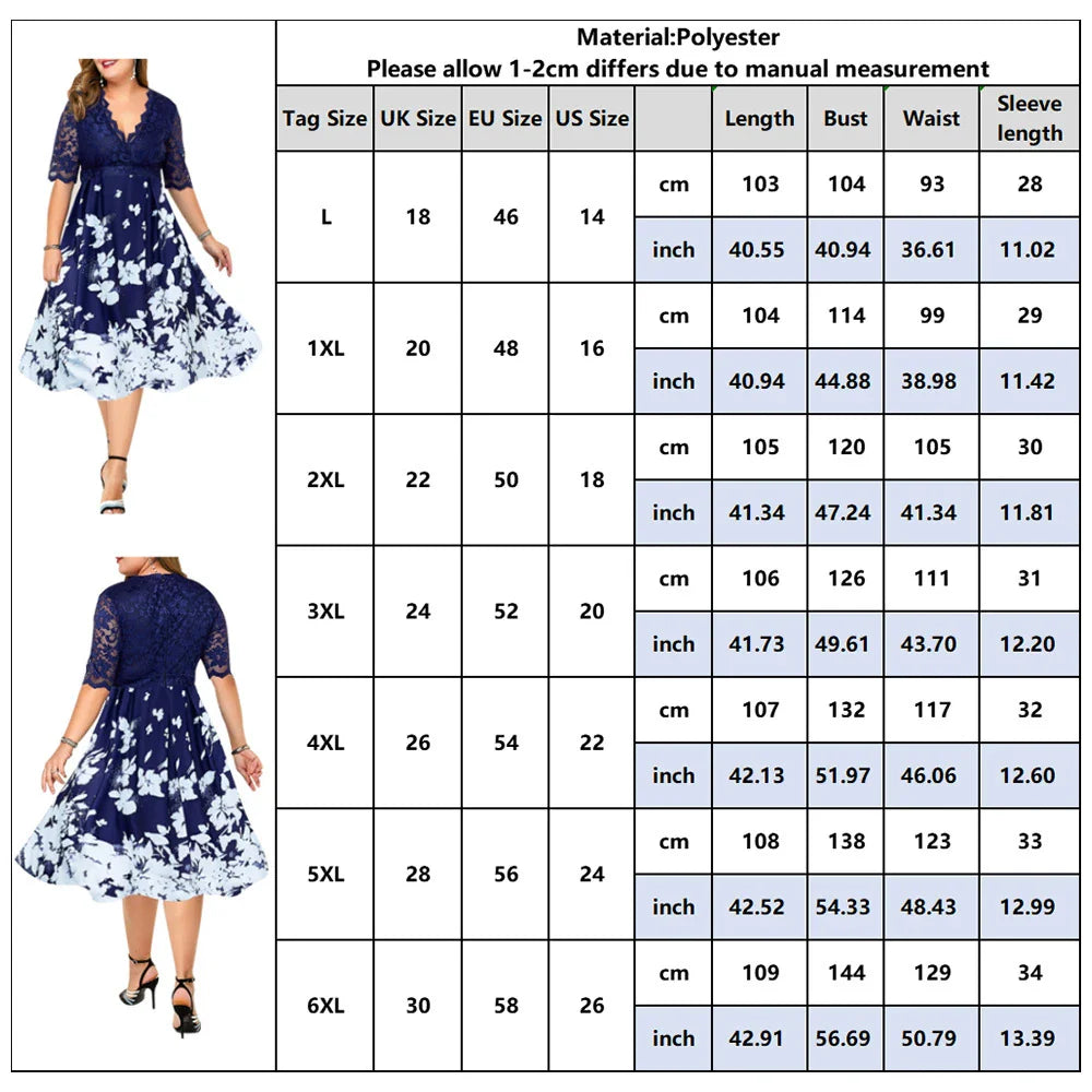 Large size digital printing lace stitching dress in blue with swing skirt design and four-way stretch fabric