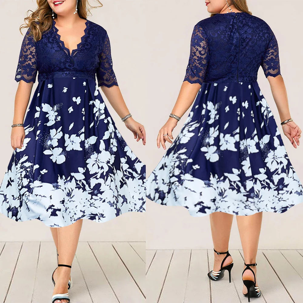 Large size digital printing lace stitching dress in blue with swing skirt design and four-way stretch fabric