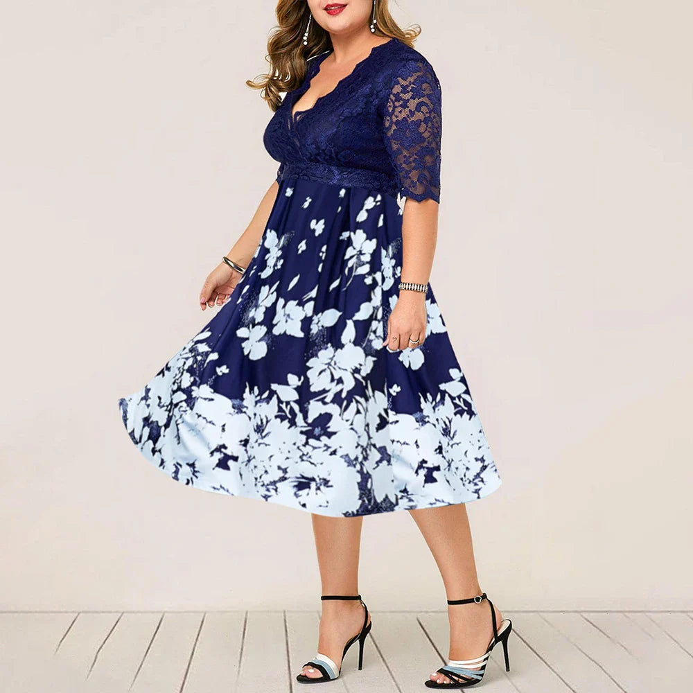 Large size digital printing lace stitching dress in blue with swing skirt design and four-way stretch fabric