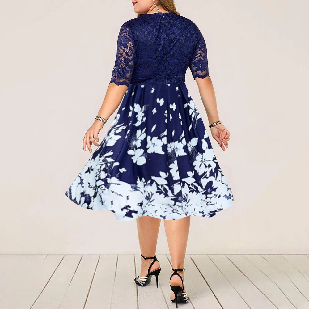 Large size digital printing lace stitching dress in blue with swing skirt design and four-way stretch fabric