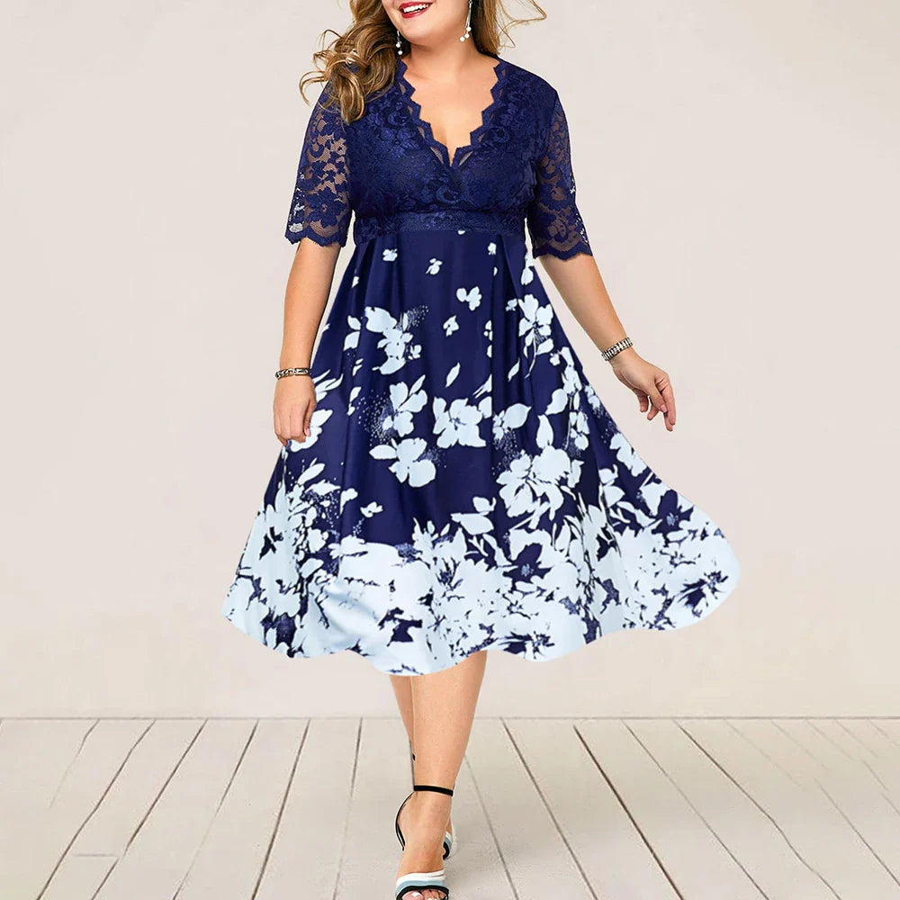 Large size digital printing lace stitching dress in blue with swing skirt design and four-way stretch fabric