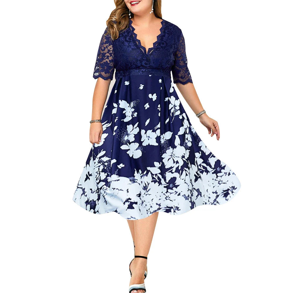 Large size digital printing lace stitching dress in blue with swing skirt design and four-way stretch fabric