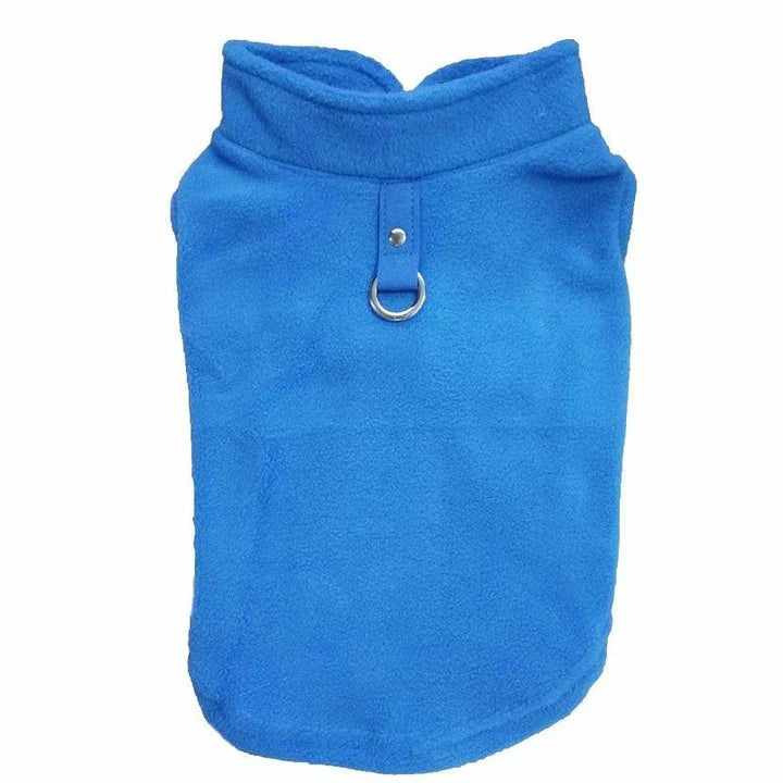 A cosy, warm fleece vest for dogs in a classic solid royal blue colour