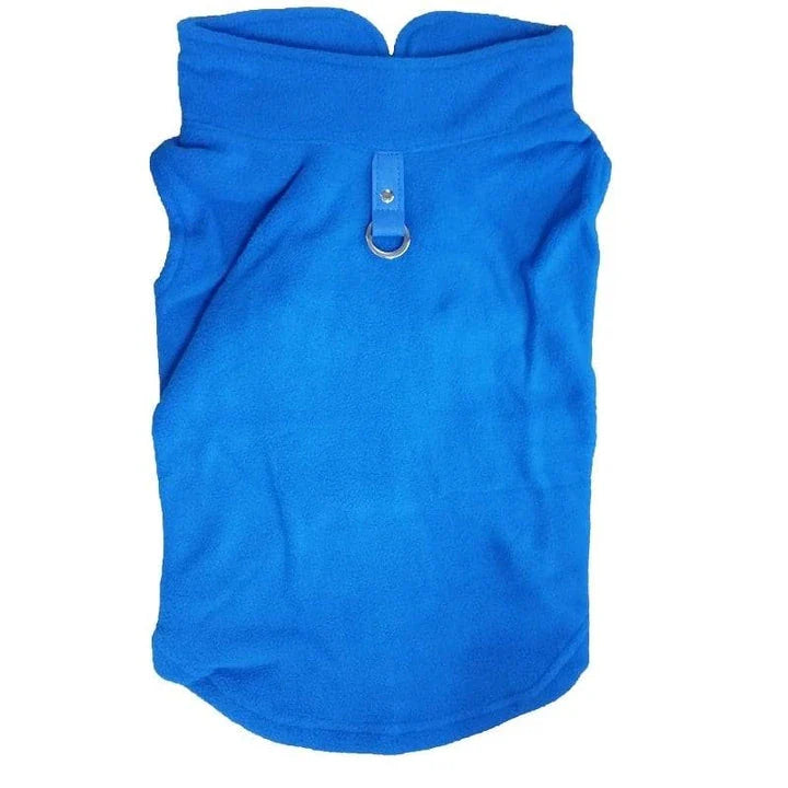A cosy, warm fleece vest for dogs in a classic solid royal blue colour