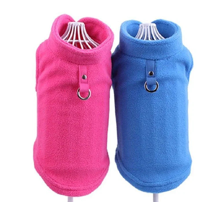 A cosy, warm fleece vest for dogs in a classic solid royal blue colour