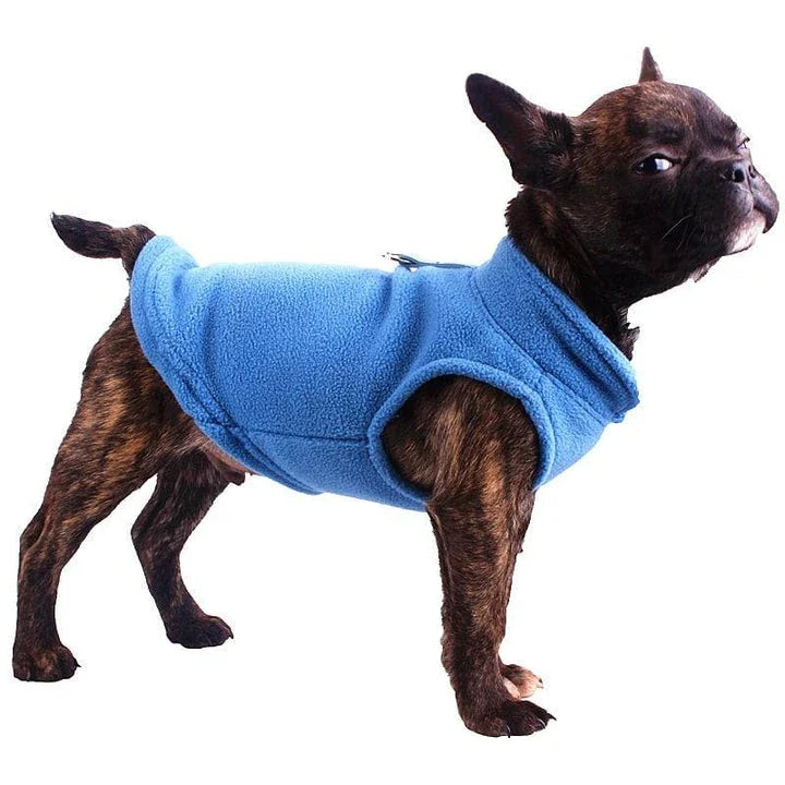 A cosy, warm fleece vest for dogs in a classic solid royal blue colour