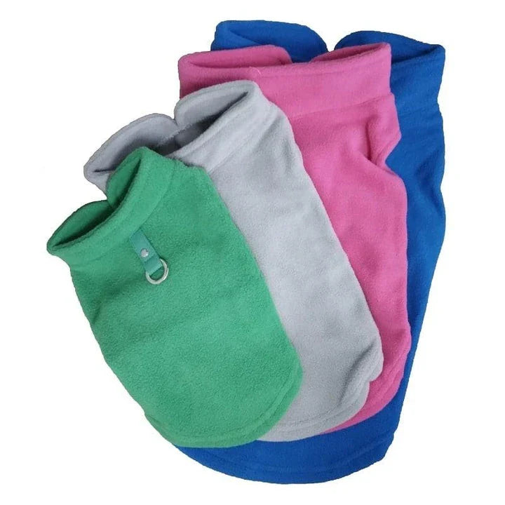 A cosy, warm fleece vest for dogs in a classic solid royal blue colour