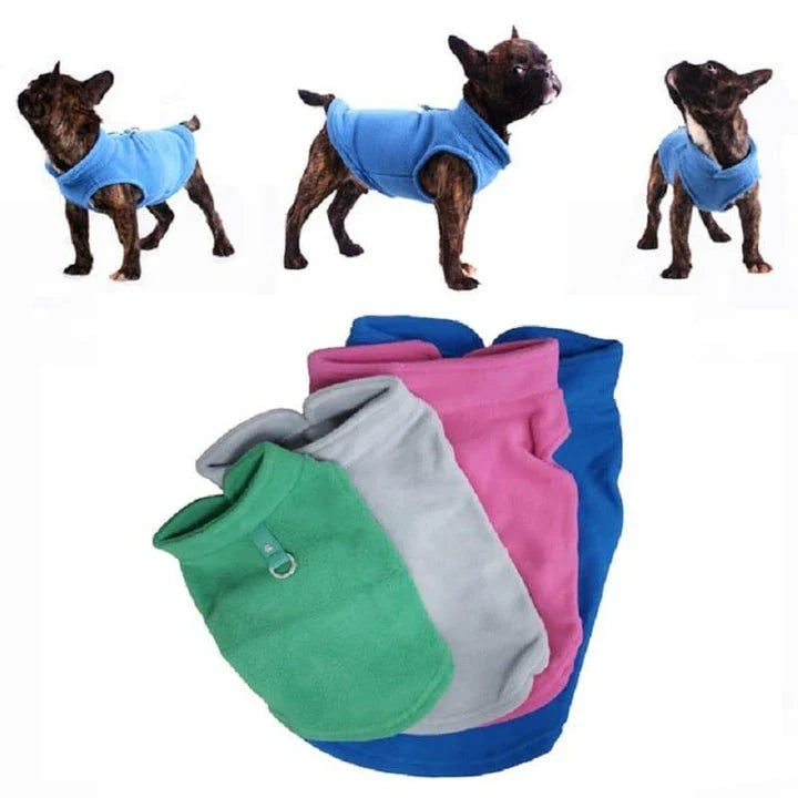 A cosy, warm fleece vest for dogs in a classic solid royal blue colour