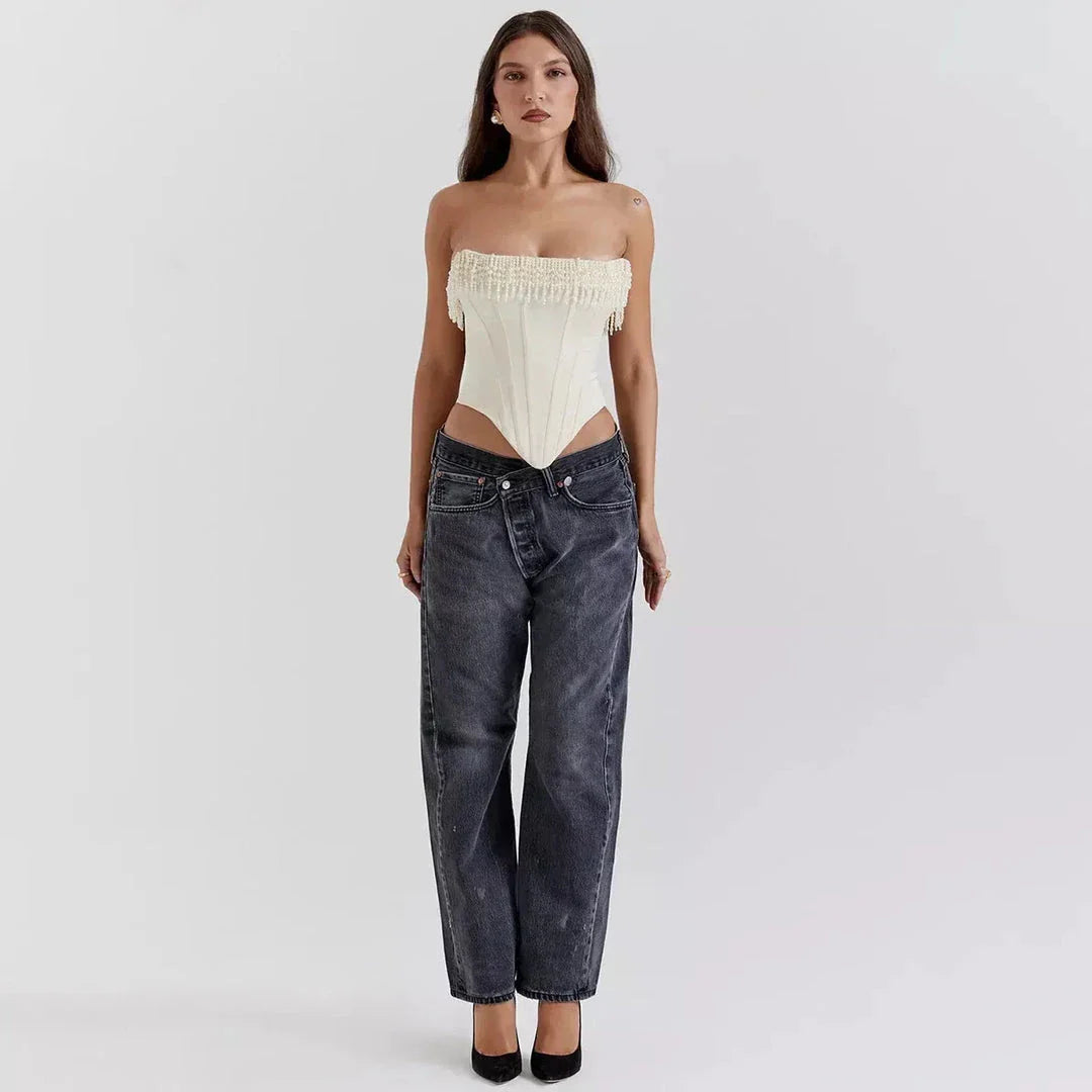 Chic strapless corset top with beaded and tassel details, made from high-quality synthetic fibres for a flattering and comfortable fit.