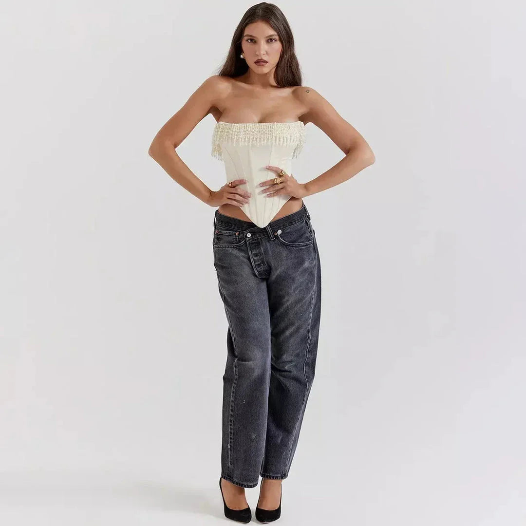 Chic strapless corset top with beaded and tassel details, made from high-quality synthetic fibres for a flattering and comfortable fit.