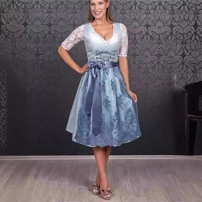 2024 Blue Jacquard Bavarian Women's German Beer Suit Three-Piece Set in Sapphire Blue with Lace-up Details