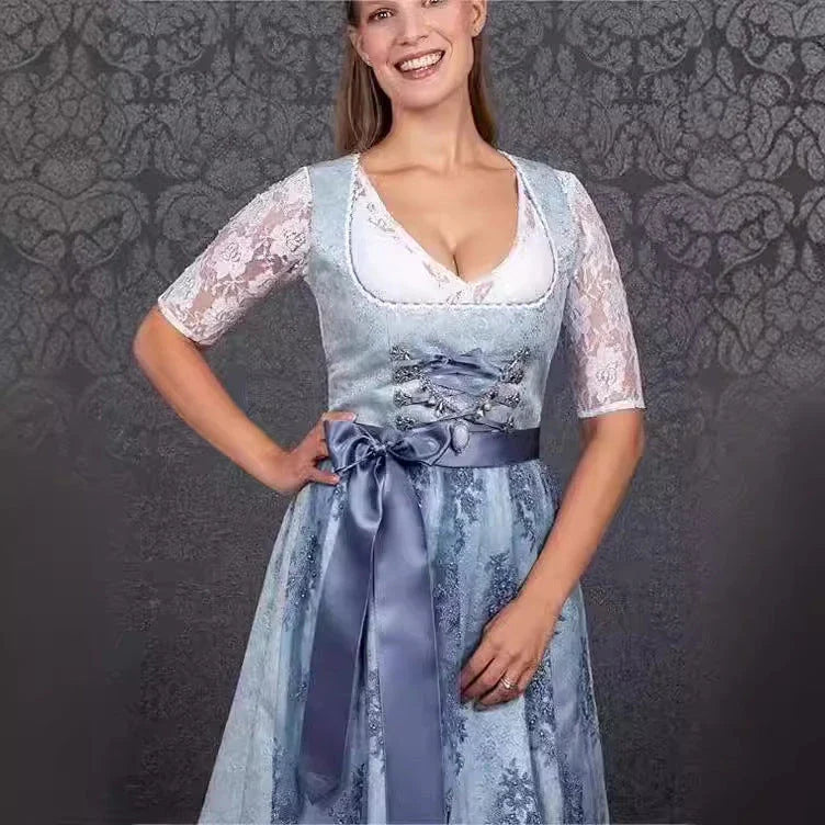 2024 Blue Jacquard Bavarian Women's German Beer Suit Three-Piece Set in Sapphire Blue with Lace-up Details