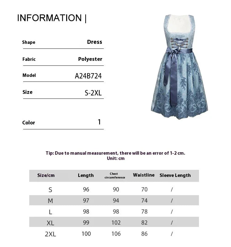 2024 Blue Jacquard Bavarian Women's German Beer Suit Three-Piece Set in Sapphire Blue with Lace-up Details