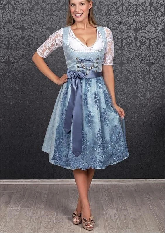 2024 Blue Jacquard Bavarian Women's German Beer Suit Three-Piece Set in Sapphire Blue with Lace-up Details