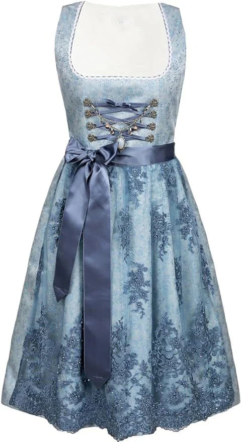 2024 Blue Jacquard Bavarian Women's German Beer Suit Three-Piece Set in Sapphire Blue with Lace-up Details