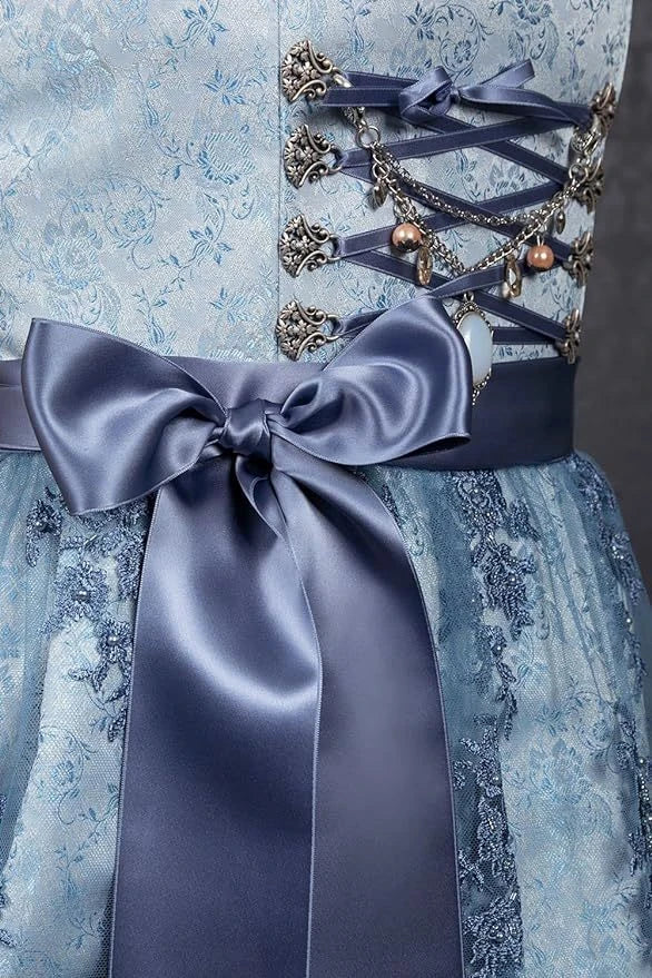 2024 Blue Jacquard Bavarian Women's German Beer Suit Three-Piece Set in Sapphire Blue with Lace-up Details