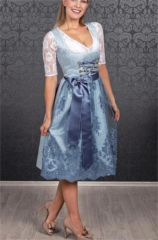 2024 Blue Jacquard Bavarian Women's German Beer Suit Three-Piece Set in Sapphire Blue with Lace-up Details