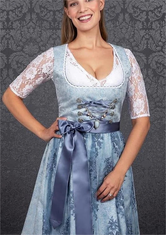 2024 Blue Jacquard Bavarian Women's German Beer Suit Three-Piece Set in Sapphire Blue with Lace-up Details