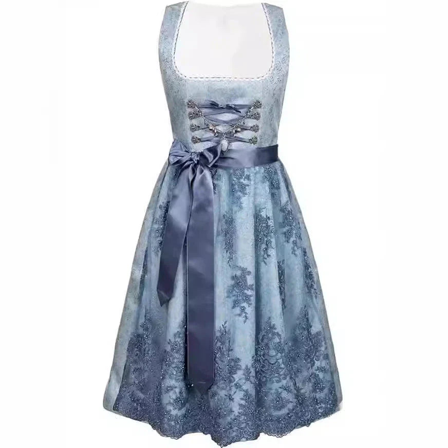 2024 Blue Jacquard Bavarian Women's German Beer Suit Three-Piece Set in Sapphire Blue with Lace-up Details