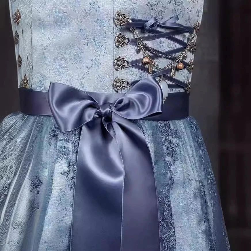 2024 Blue Jacquard Bavarian Women's German Beer Suit Three-Piece Set in Sapphire Blue with Lace-up Details
