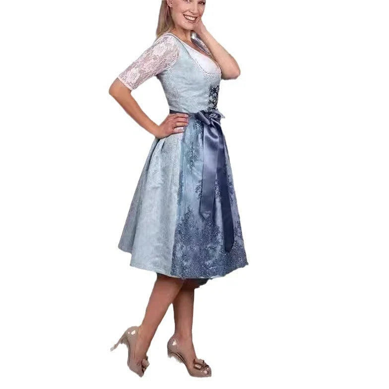 2024 Blue Jacquard Bavarian Women's German Beer Suit Three-Piece Set in Sapphire Blue with Lace-up Details