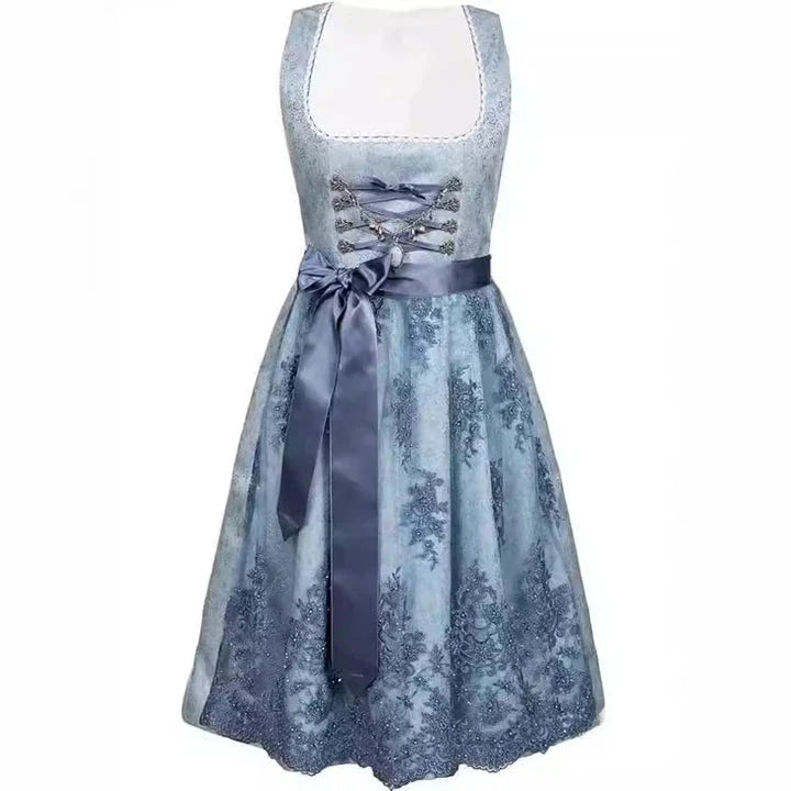 2024 Blue Jacquard Bavarian Women's German Beer Suit Three-Piece Set in Sapphire Blue with Lace-up Details