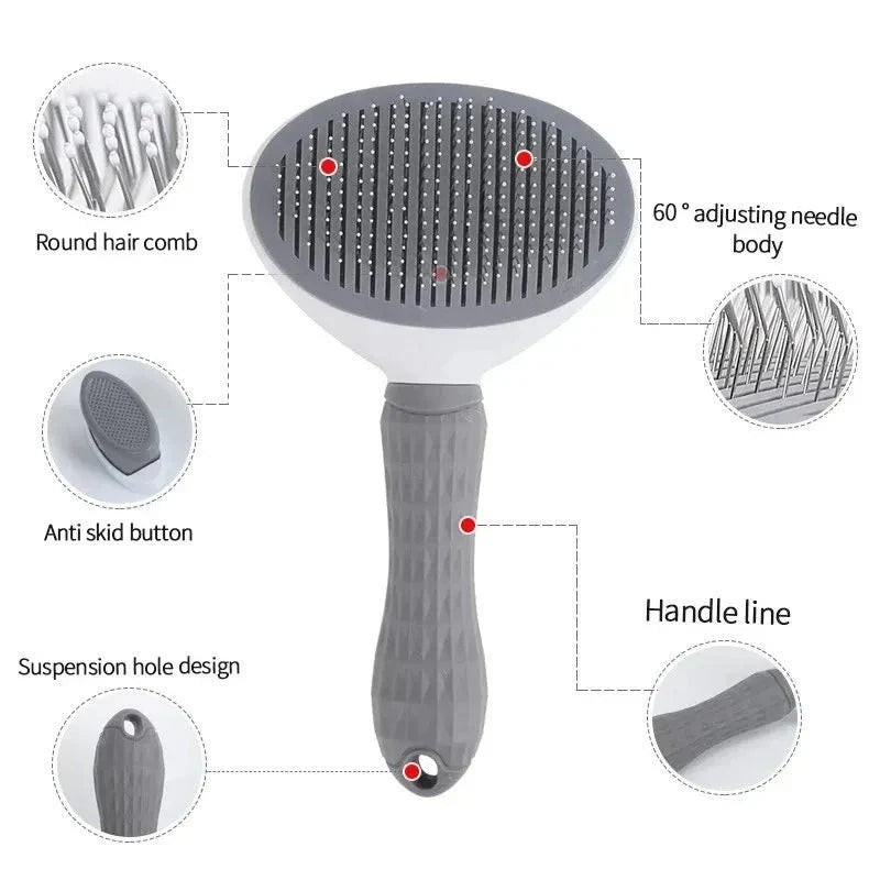 A multi-purpose pet grooming brush designed for dogs, cats, and other furry pets with premium materials and massage features.