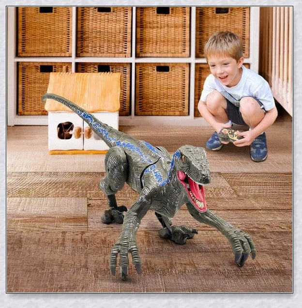 Lifelike remote-controlled Velociraptor dinosaur toy with realistic 3D eyes, walking movements, and roaring sounds