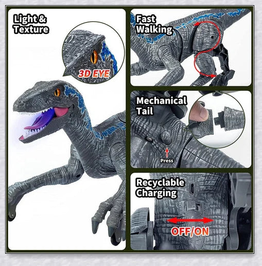 Lifelike remote-controlled Velociraptor dinosaur toy with realistic 3D eyes, walking movements, and roaring sounds