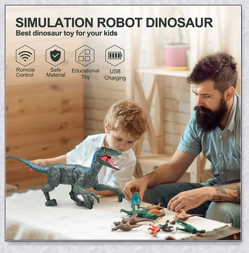 Lifelike remote-controlled Velociraptor dinosaur toy with realistic 3D eyes, walking movements, and roaring sounds
