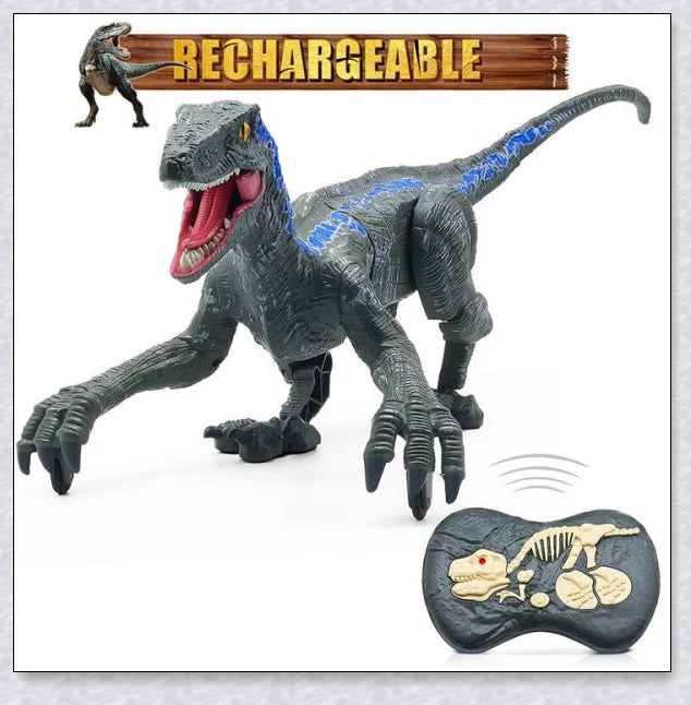 Lifelike remote-controlled Velociraptor dinosaur toy with realistic 3D eyes, walking movements, and roaring sounds