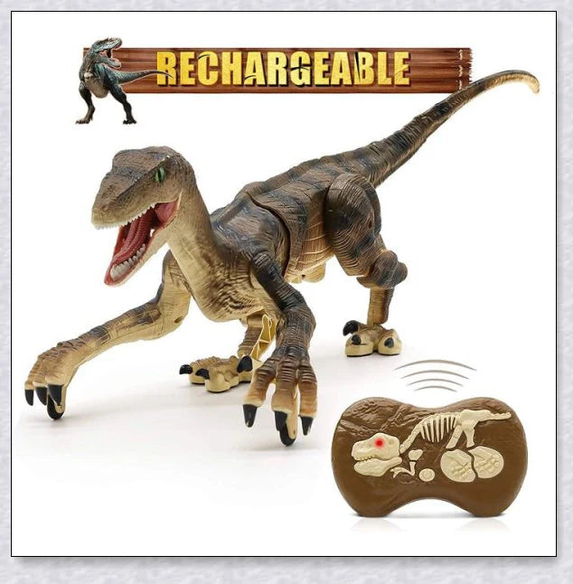 Lifelike remote-controlled Velociraptor dinosaur toy with realistic 3D eyes, walking movements, and roaring sounds