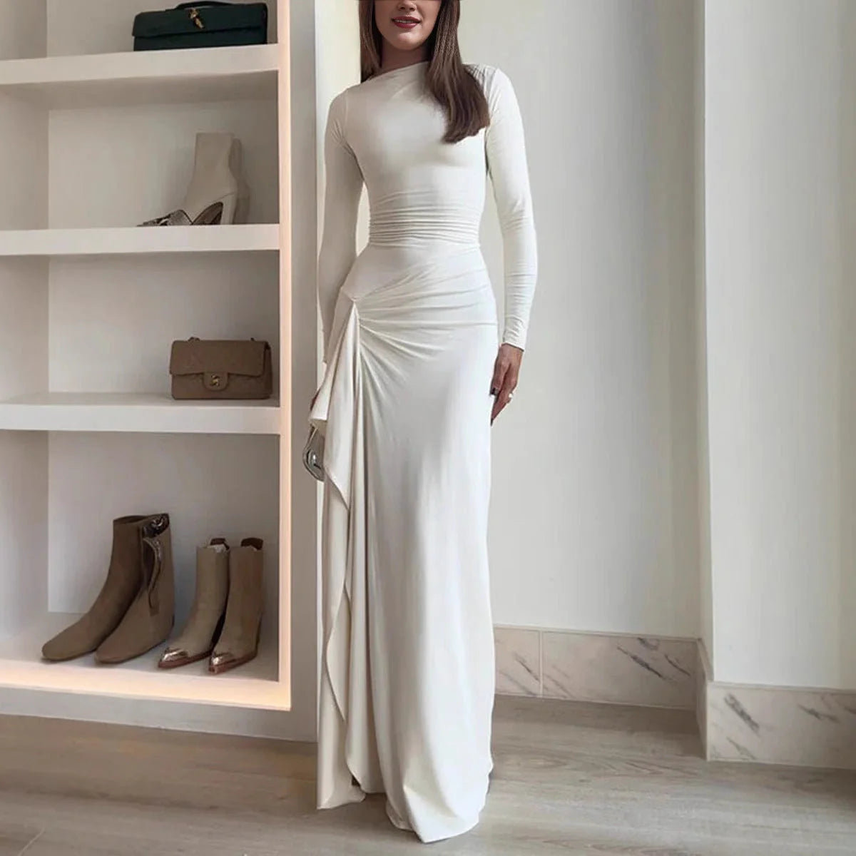 Tailored long sleeve asymmetric dress in solid colours for women with unique design, soft fabric, and variety of colour options