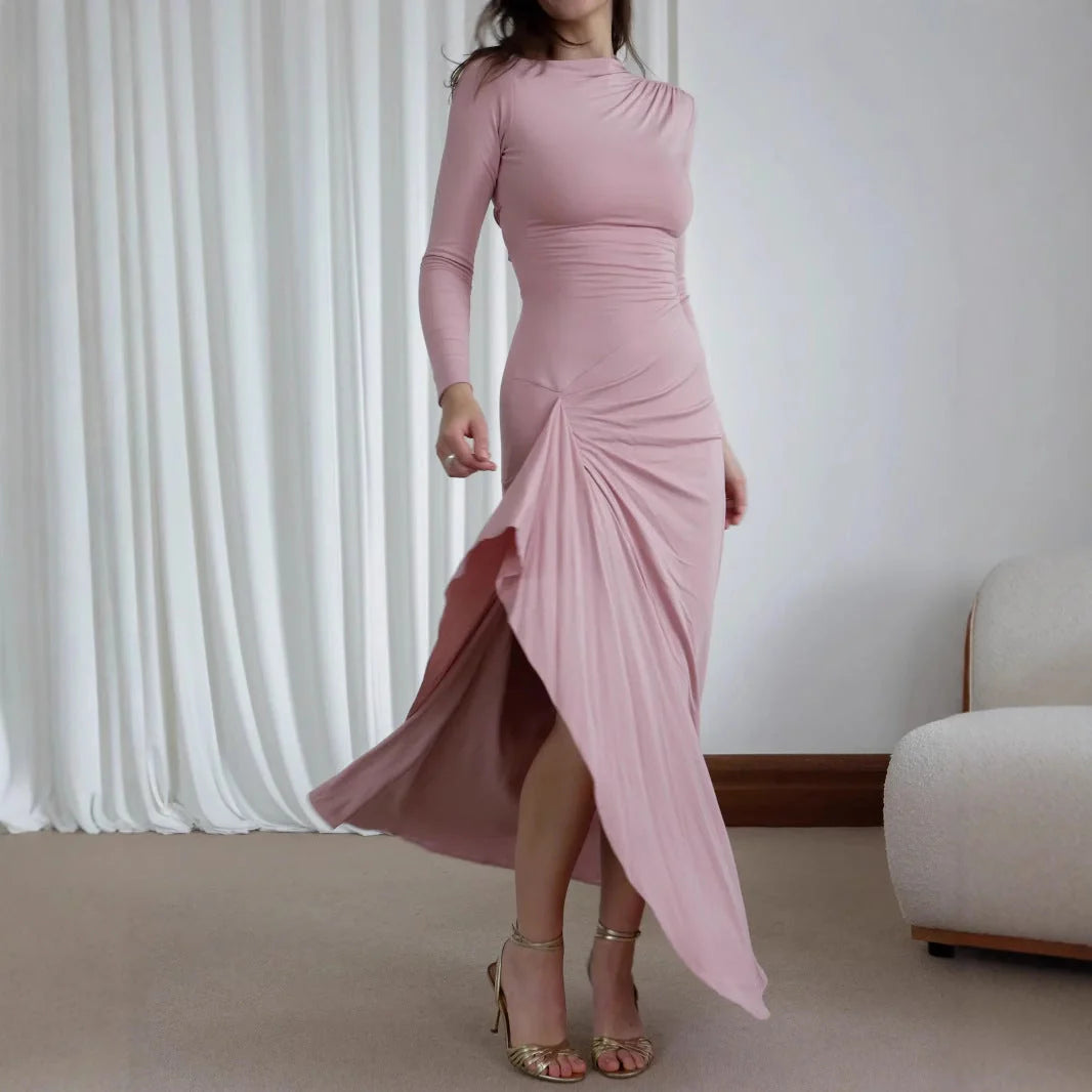 Tailored long sleeve asymmetric dress in solid colours for women with unique design, soft fabric, and variety of colour options