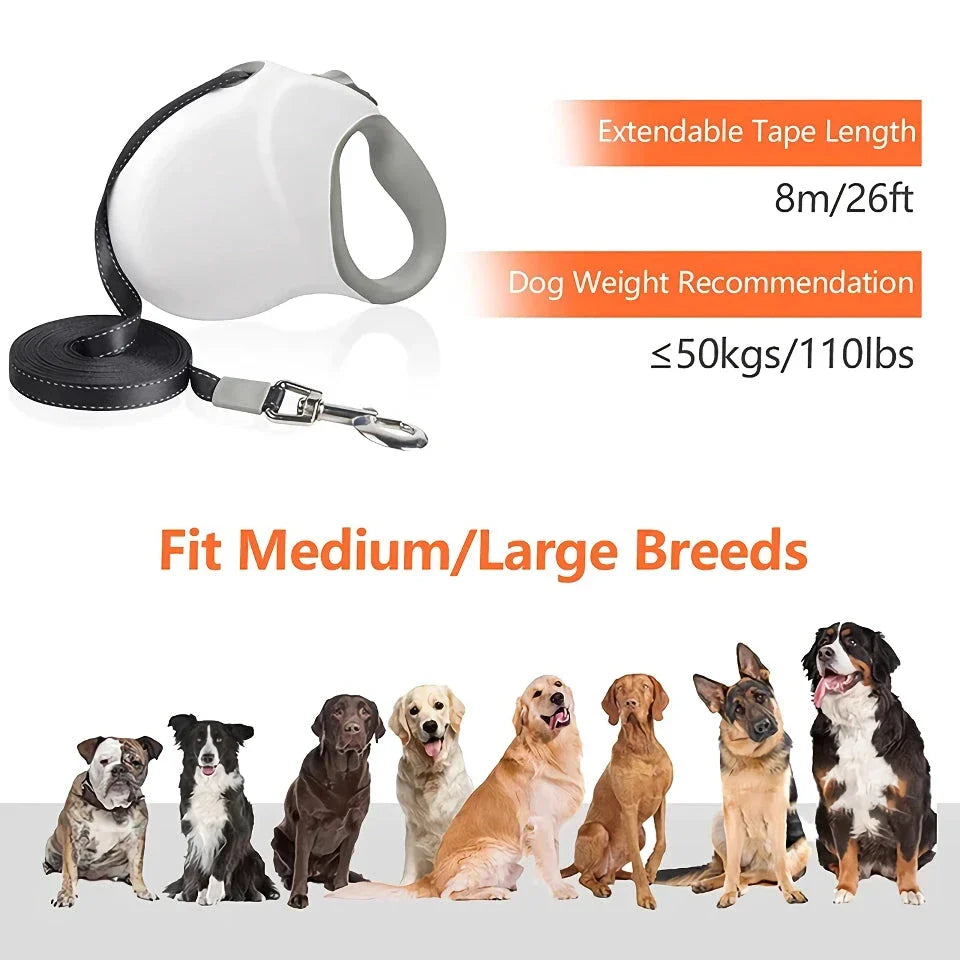 Robust and durable retractable dog leash with reflective material and anti-slip handle for medium to large dogs