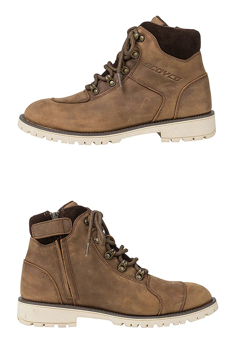 Premium retro motorcycle boots in brown cowhide leather with anti-drop protection