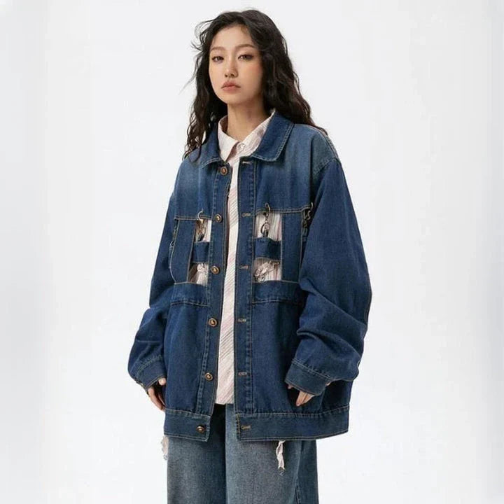A stylish geometric denim coat with a single-breasted design, perfect for adding a touch of sophistication to your spring wardrobe.