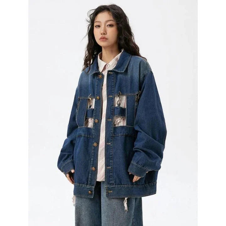 A stylish geometric denim coat with a single-breasted design, perfect for adding a touch of sophistication to your spring wardrobe.