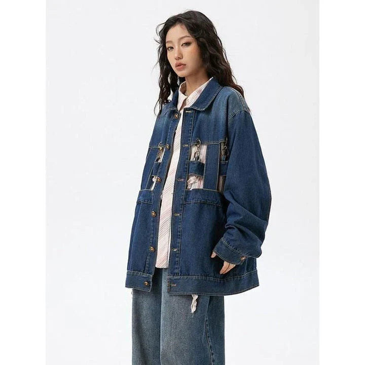 A stylish geometric denim coat with a single-breasted design, perfect for adding a touch of sophistication to your spring wardrobe.